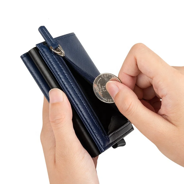 Billetera de Cuero con Deslizador de Tarjetas Pop Up - Levurett LV203 Azul