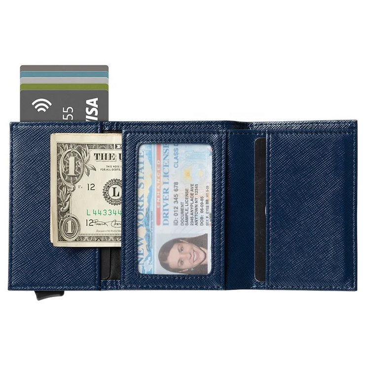 Billetera de Cuero con Deslizador de Tarjetas Pop Up - Levurett LV203 Azul