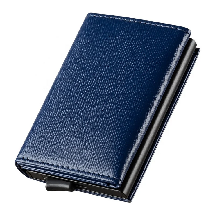 Billetera de Cuero con Deslizador de Tarjetas Pop Up - Levurett LV203 Azul