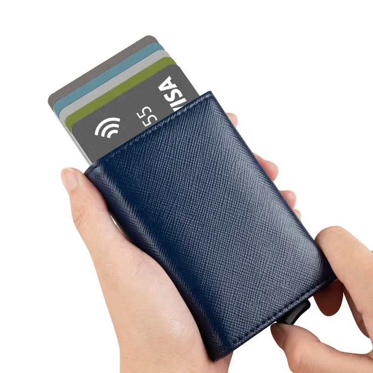 Billetera de Cuero con Deslizador de Tarjetas Pop Up - Levurett LV203 Azul